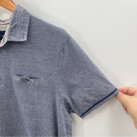 Ted Baker London 100% Cotton Polo Heathered Blue Pull Over Style Size Large - Picture 3 of 7